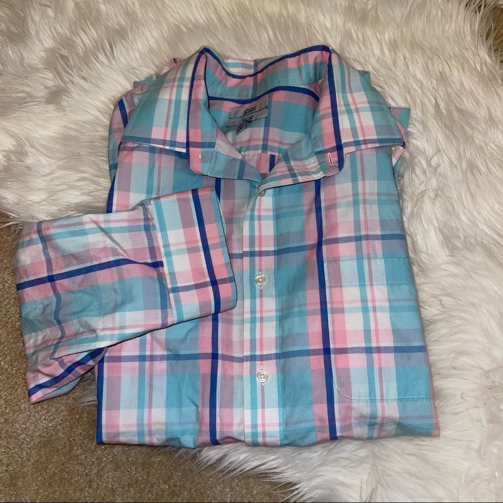 Men’s Croft & Barrow Pastel Pink Blue Plaid Long Sleeve Button Down Collar Shirt